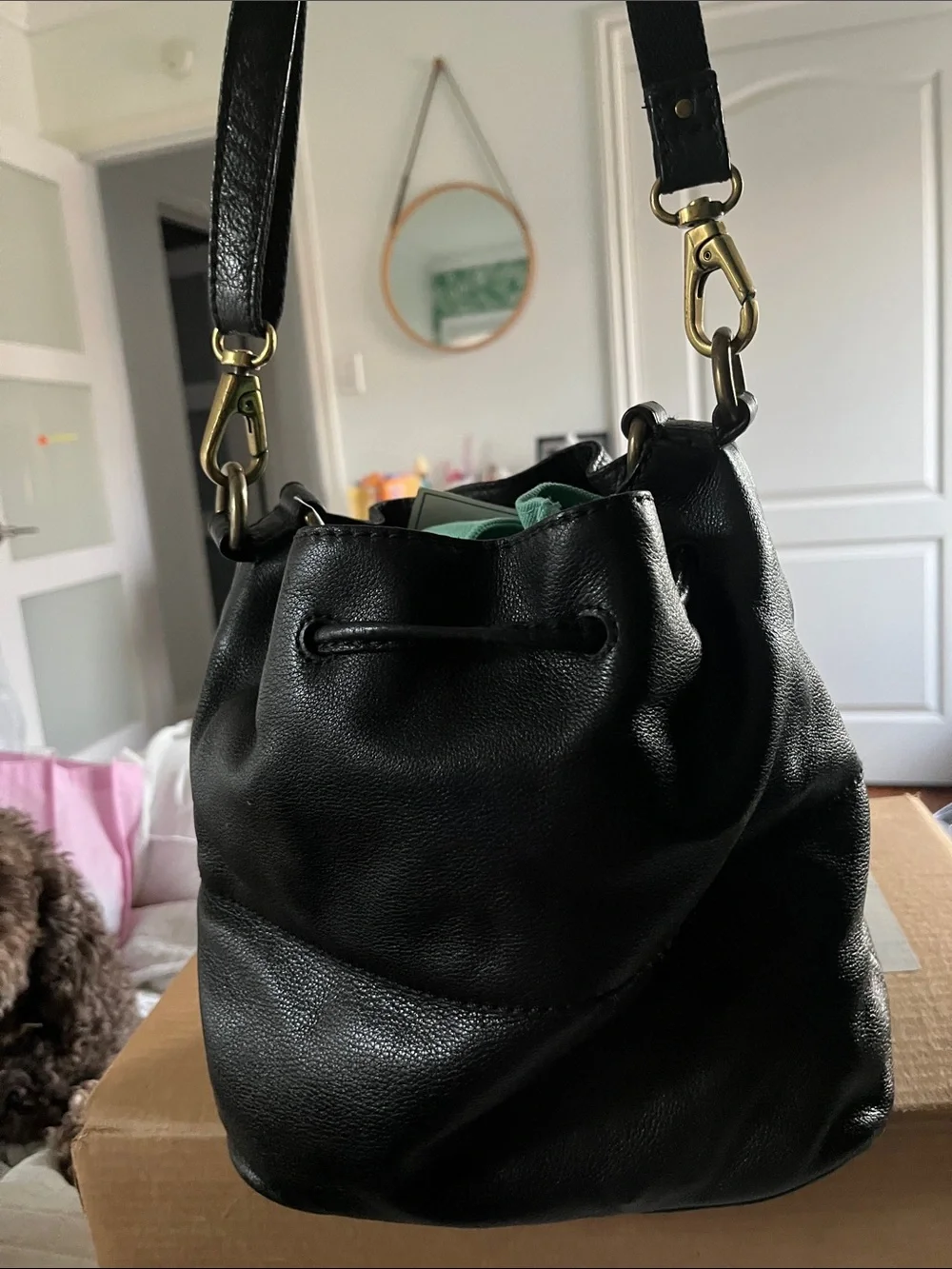 Fossil Black Leather Drawstring Crossbody with Gold Hardware